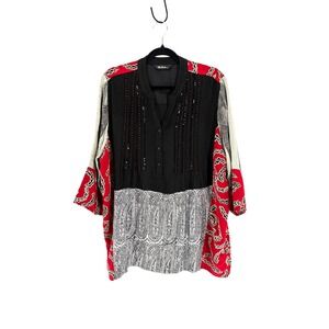 Ulla Popken Tunic Black Red Paisley Womens 2X Popover Lagenlook Hippie Retro
